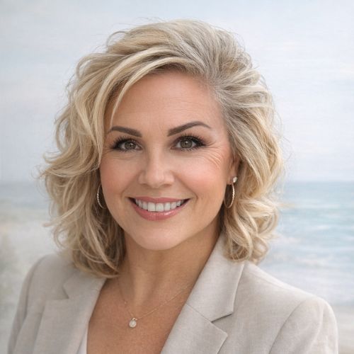 A smiling woman with shoulder-length, wavy blonde hair wears a beige blazer and a necklace. The background shows a blurred beach scene with sand and ocean.